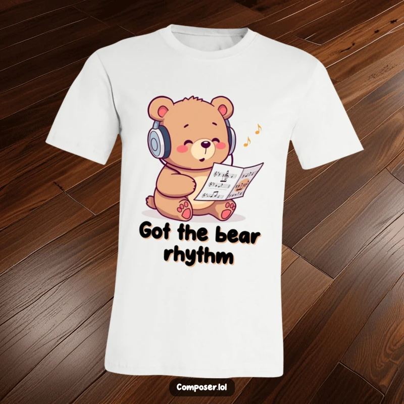 Funny t-shirt featuring a studious bear with headphones, enjoying music and sheet music.