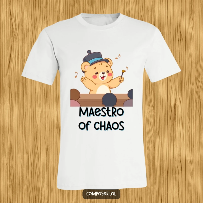 Funny T-Shirt depicting a happy cartoon bear cub in a smart hat, enthusiastically leading an invisible orchestra.