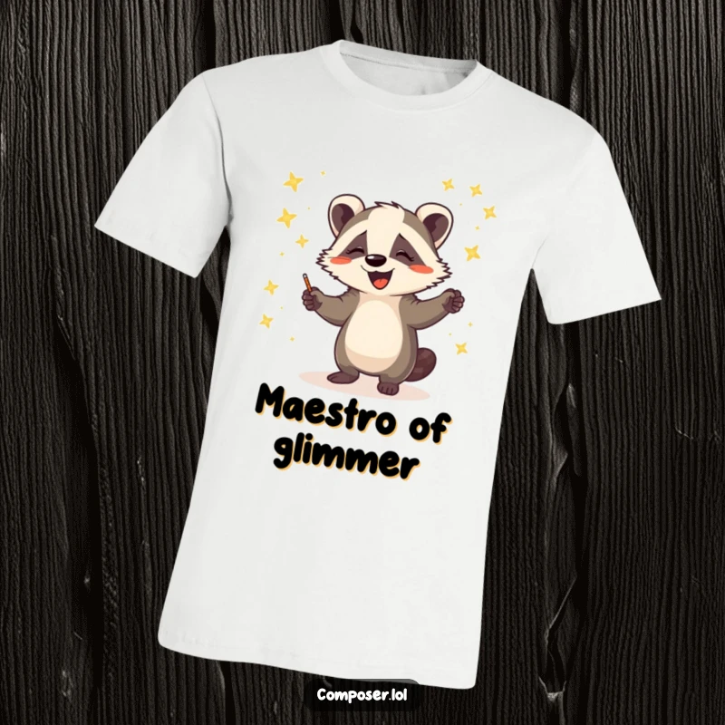 Funny t-shirt showing a joyful badger in mid-performance, directing a beautiful symphony of luminous fireflies with flair.