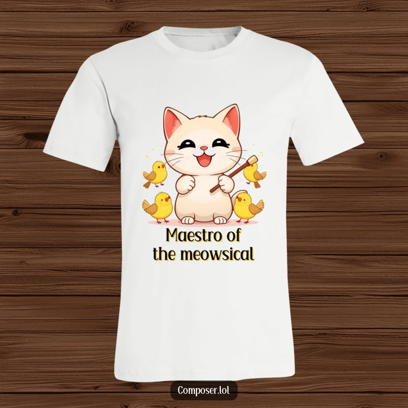 Funny Cat Conductor T-Shirt, featuring a joyful cat maestro passionately leading a choir of chirping birds with a baton.