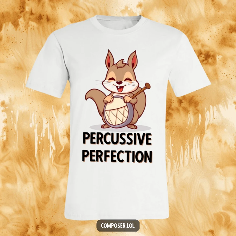 Funny squirrel drummer t-shirt, a happy squirrel pounding a miniature drum with exaggerated enthusiasm and a cheeky grin.