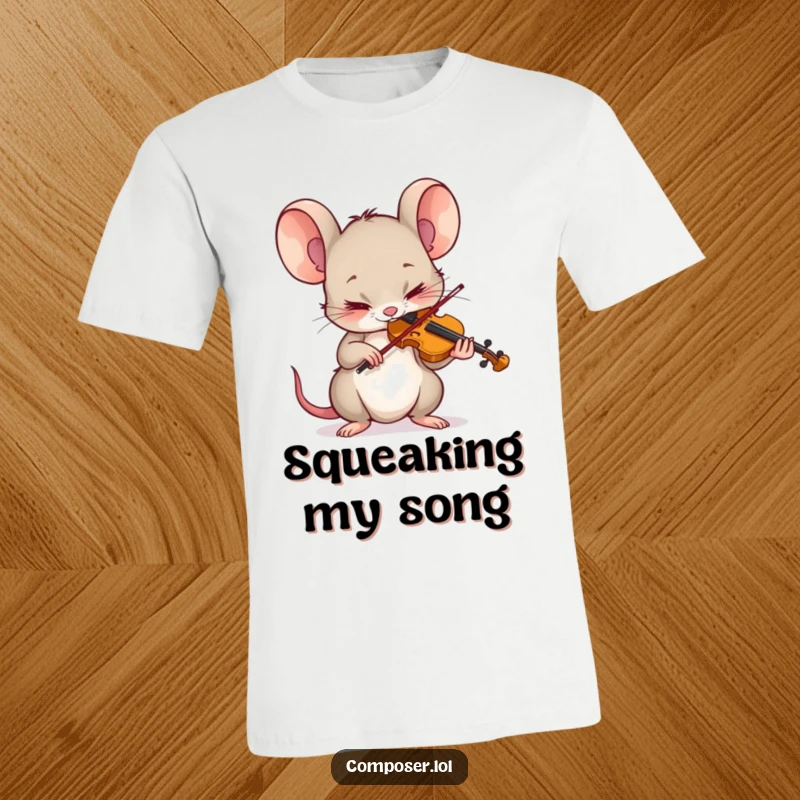 Funny Mouse T-Shirt: A tiny mouse character intensely concentrates while playing a tiny violin with great focus.