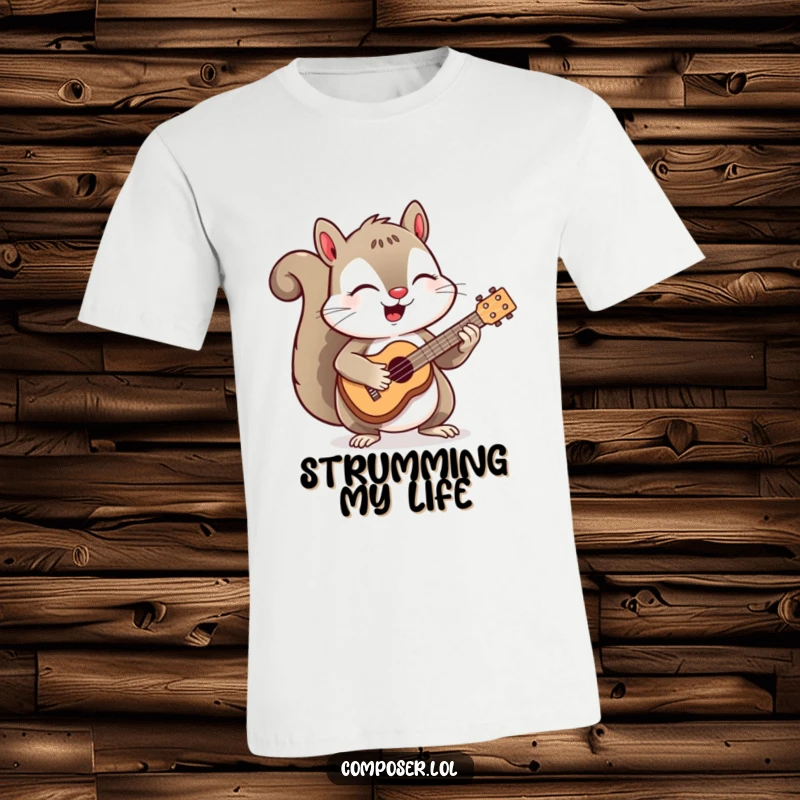 Funny t-shirt with a happy squirrel enthusiastically strumming a small ukulele, radiating pure musical bliss.