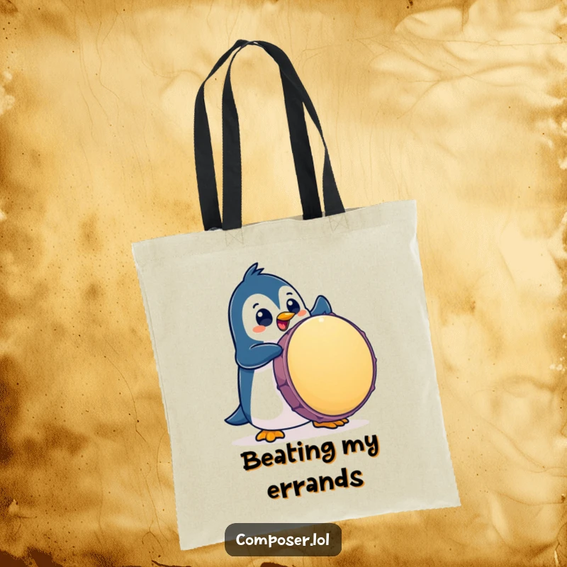 Funny Penguin Tote Bag: A penguin enthusiastically pounds a giant drum with large, expressive eyes, a musical accessory.