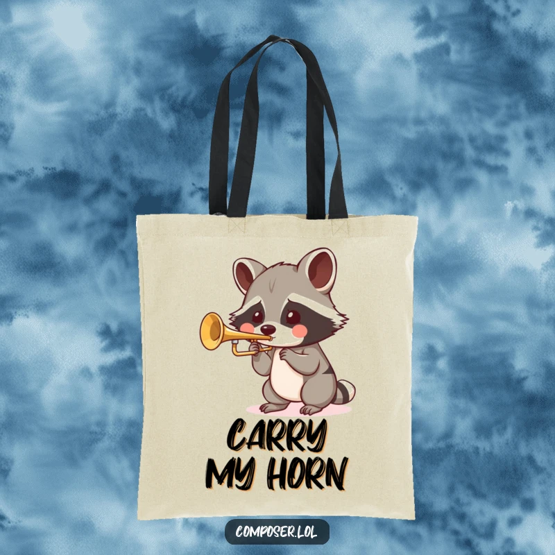 Funny Raccoon Jazz Tote Bag: a playful raccoon blows into a tiny trumpet with puffed cheeks, making music.