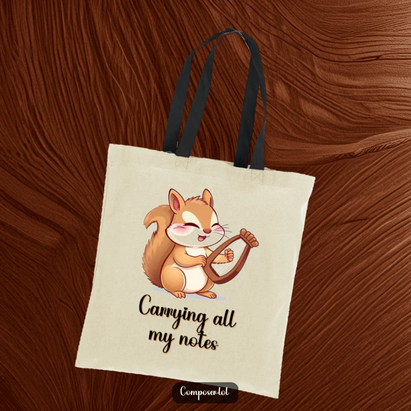 Funny tote bag featuring a winking squirrel playing a tiny harp with amazing speed, a humorous take on musical talent.