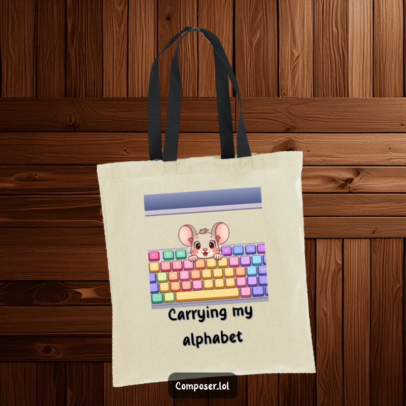 Funny Tote Bag: A surprised cartoon mouse with wide eyes peeking from a large, colorful musical keyboard, perfect for everyday use.