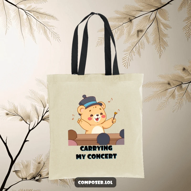 Funny Tote Bag depicting a happy cartoon bear cub in a smart hat, conducting an invisible orchestra, great for shopping.