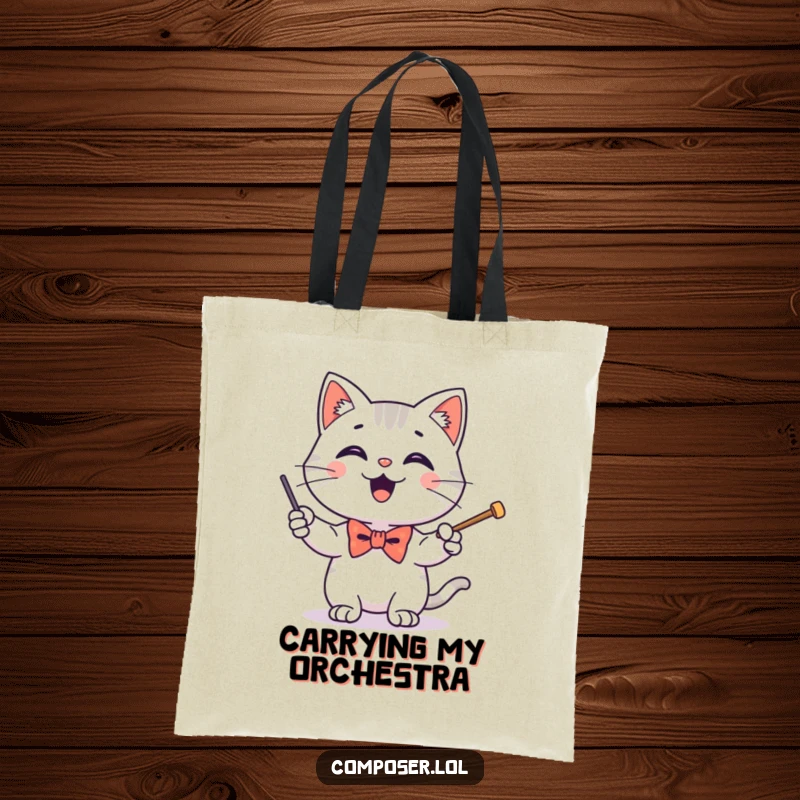 Funny tote bag depicting a happy cat wearing a tiny bow tie, energetically conducting with a baton, perfect for daily use.