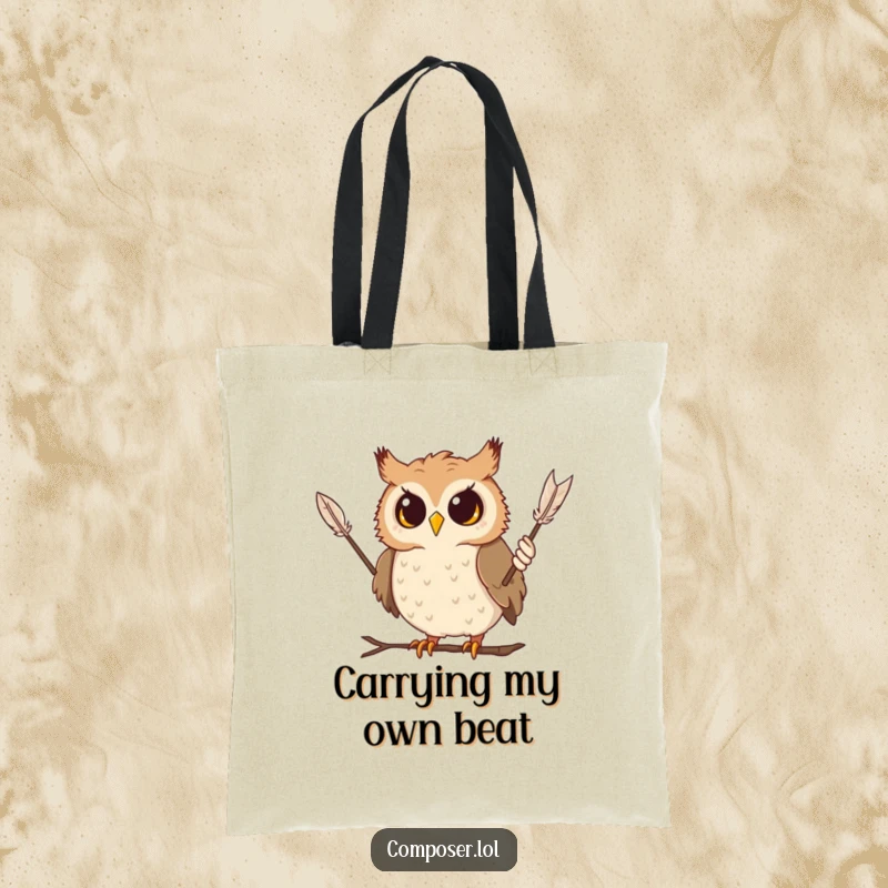 Funny owl tote bag featuring a curious owl conducting with a feather, a stylish and humorous accessory.