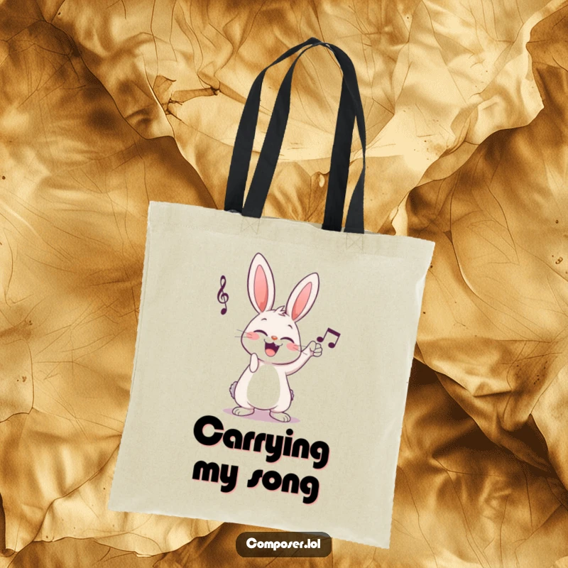 Funny giggling rabbit composer tapping musical notation on a durable tote bag, a humorous music accessory.
