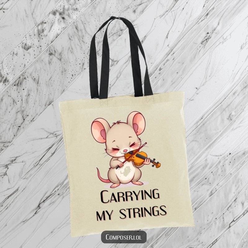 Funny Mouse Tote Bag: Tiny mouse character playing a tiny violin with intense concentration, a musical accessory.