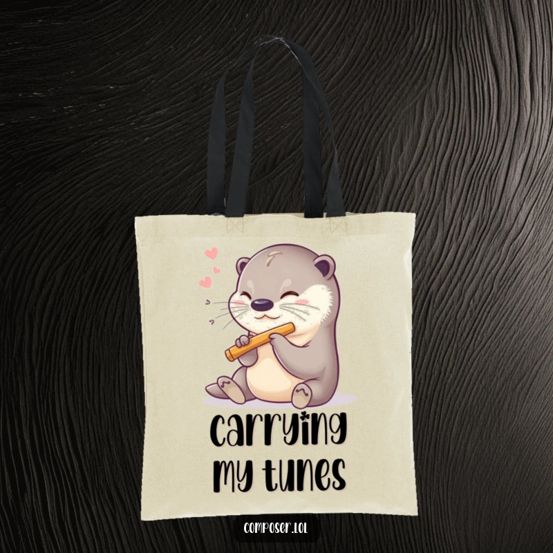 Funny tote bag with a sweet otter playing a miniature flute, perfect for carrying music notes or essentials.