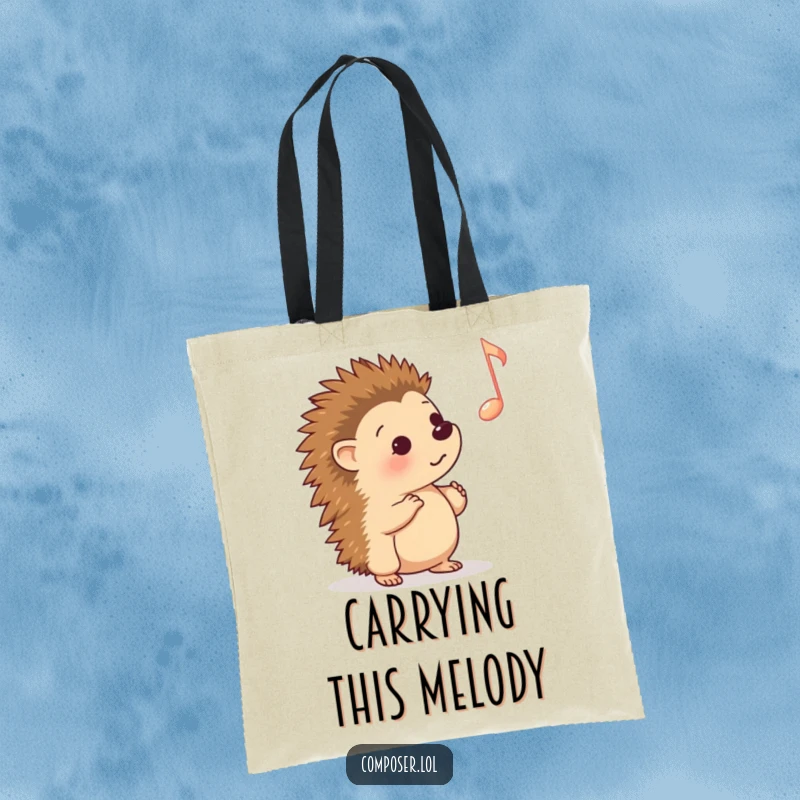 Funny Tote Bag: A curious hedgehog attentively listening to a single musical note, perfect for carrying essentials with a smile.