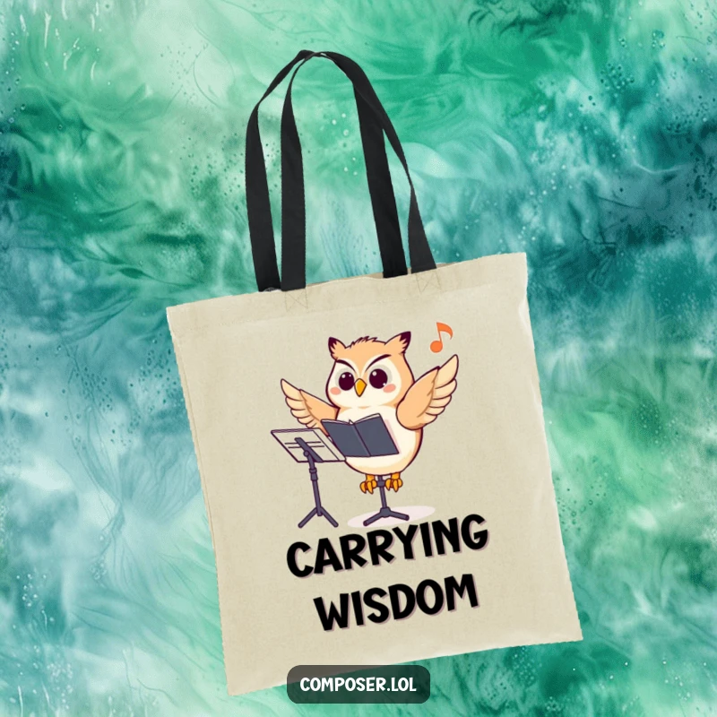 Funny owl composer tote bag, an owl on a music stand pointing at a note, ideal for carrying music.