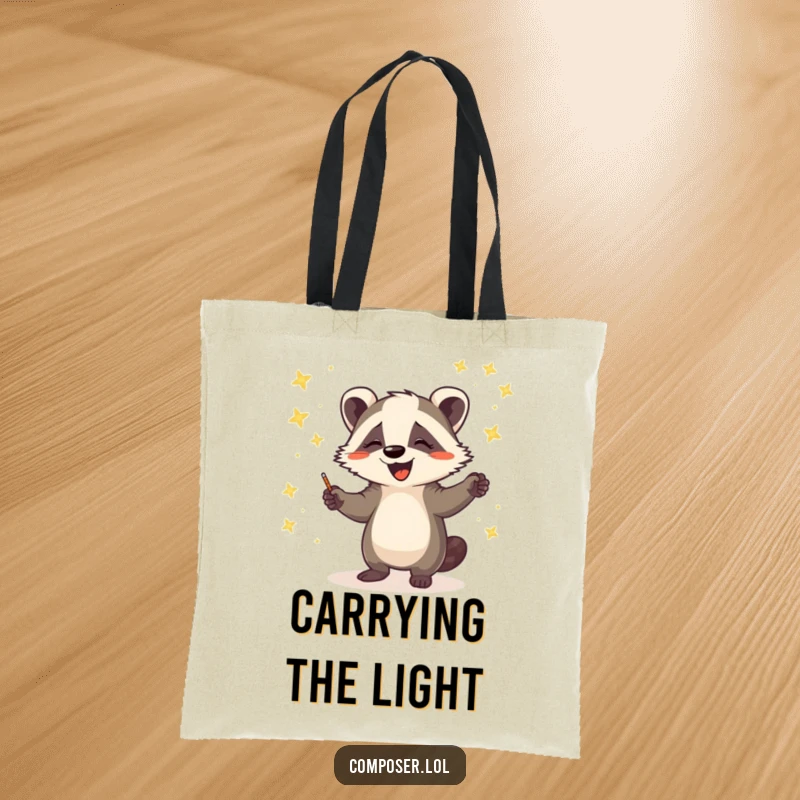 Funny tote bag illustrating a happy badger maestro leading a captivating orchestra of shimmering fireflies with a conductor's baton.
