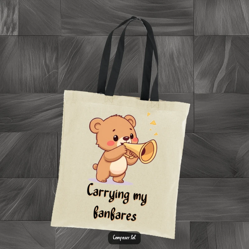 Funny tote bag featuring a proud bear cub blowing a ridiculously large trumpet, perfect for carrying music gear or daily essentials.