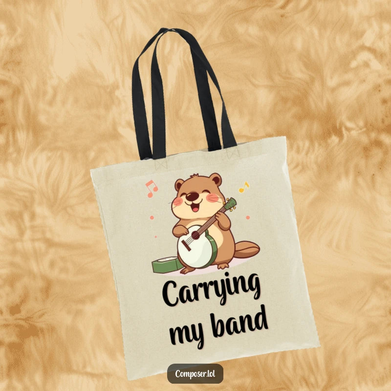 Funny tote bag with a beaming beaver meticulously arranging musical instruments with precise, happy movements.