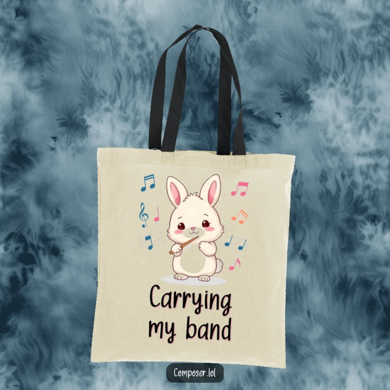 Funny bunny conductor tote bag filled with musical notes, ready for errands. A practical and funny gift.