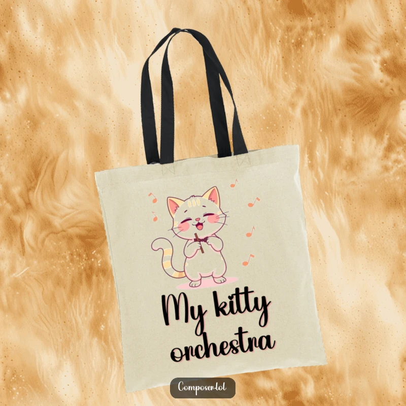 Funny cat composer tote bag, a giggling cat conducting with its tail, ideal for carrying music and essentials.