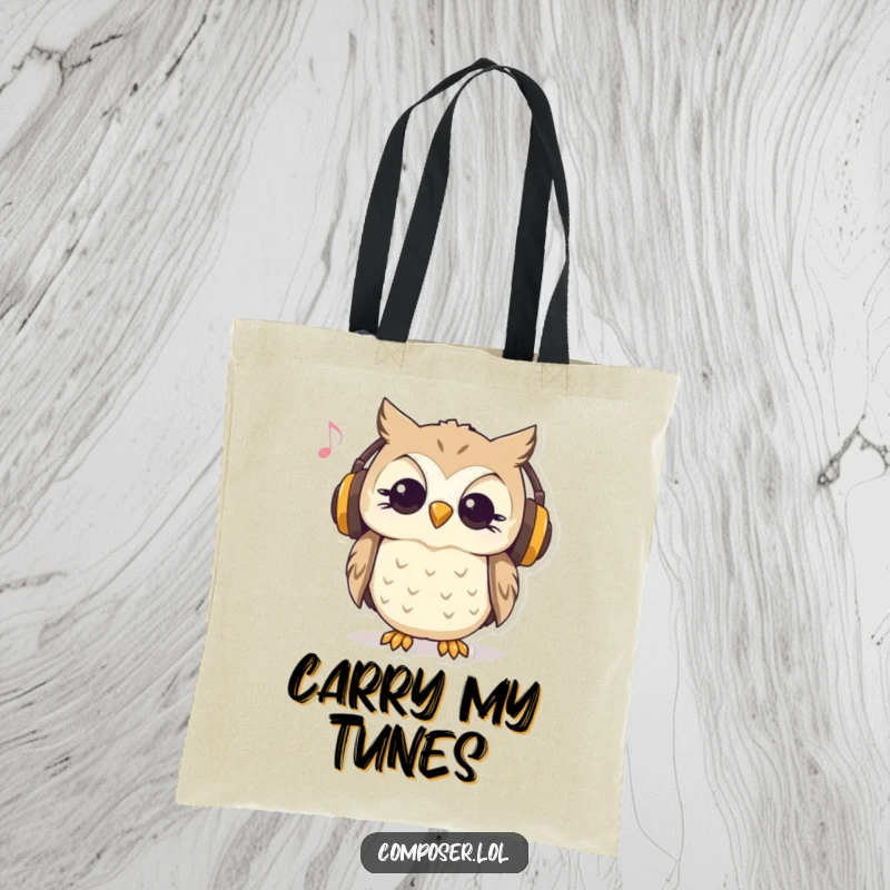 Funny tote bag showing a curious owl wearing headphones and nodding to music, great for carrying music essentials.