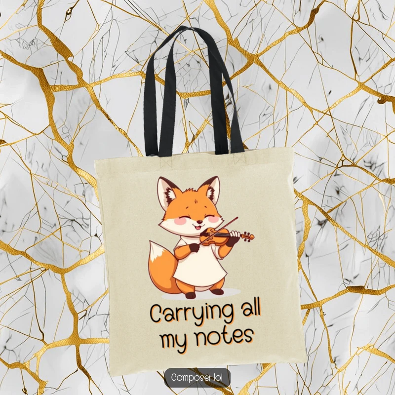 Funny tote bag featuring a fox in a smock joyfully playing a miniature violin, a whimsical accessory for music lovers.