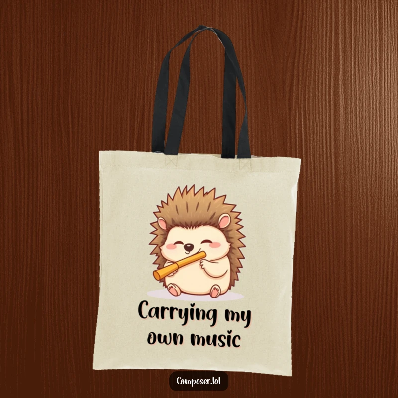 Funny hedgehog tote bag featuring a giggling hedgehog playing a miniature flute, a charming and humorous accessory.