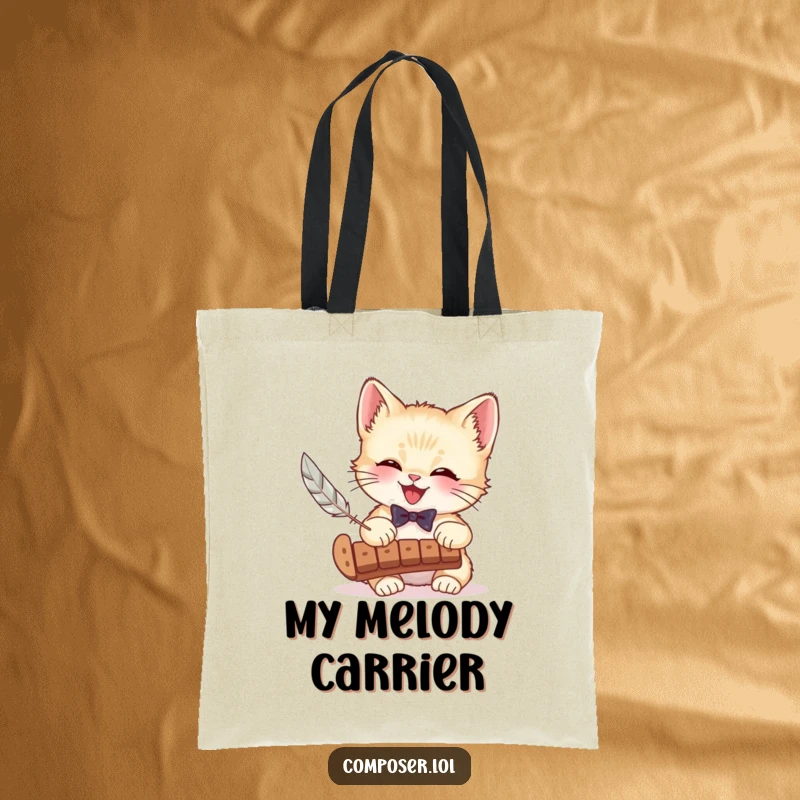 Funny tote bag with a giggling kitten in a bow tie playing a xylophone with a feather, showcasing musical talent and feline charm.