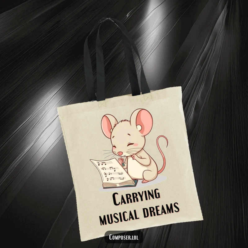 Funny tote bag showing a curious mouse composer peering intently at sheet music, embodying a thoughtful musical mind.