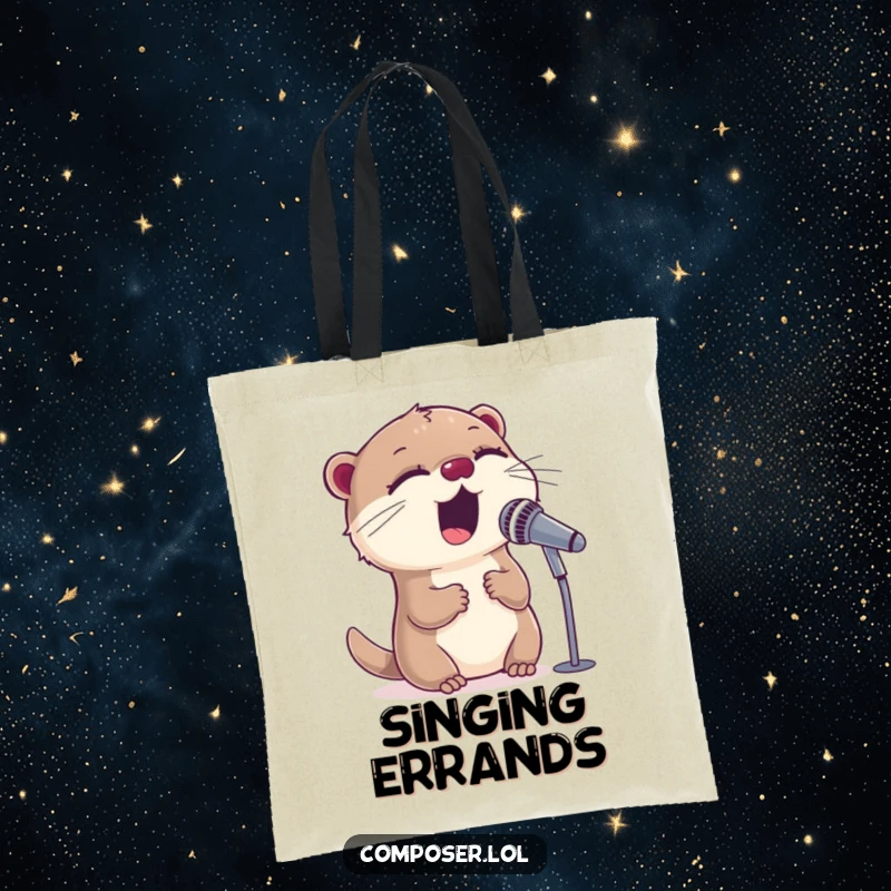Funny sweet otter character enthusiastically singing into a microphone with closed eyes on a durable tote bag.
