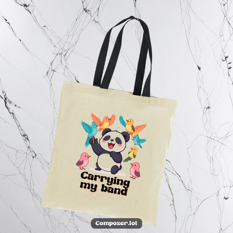 Funny Panda Tote Bag: Joyful panda conducts a symphony of colorful birds, perfect for carrying essentials with musical flair.