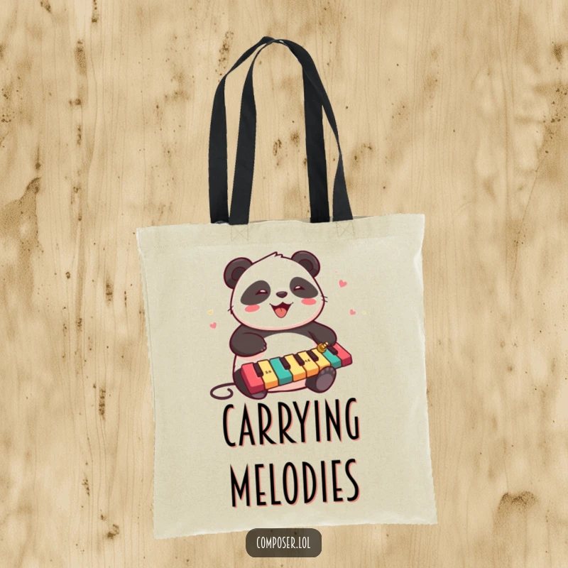 Funny chubby panda joyfully playing a cascade of xylophone keys on a durable tote bag, perfect for music lovers.