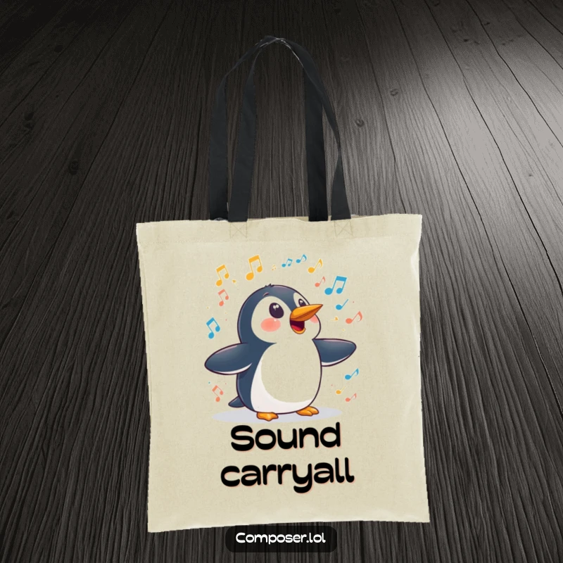 Funny penguin symphony tote bag, a surprised penguin reacting to a loud symphony of sounds, perfect for carrying essentials.
