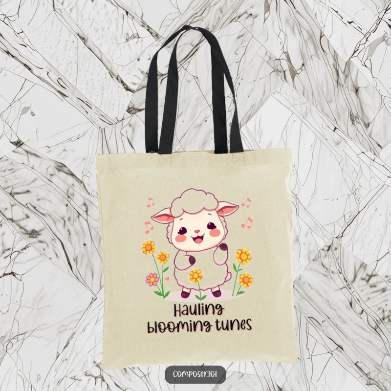 Funny sheep tote bag featuring a cheerful sheep conducting flowers with a musical tune, a charming and humorous accessory.