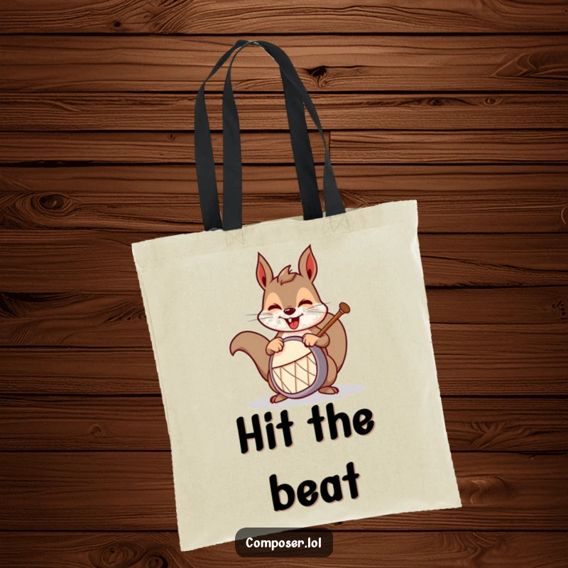 Funny squirrel drummer tote bag, featuring a mischievous squirrel energetically drumming, ideal for carrying music sheets or groceries.
