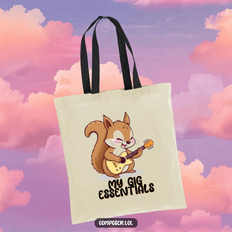 Funny tote bag showing a determined cartoon squirrel meticulously tuning a miniature guitar with focused joy, perfect for carrying music essentials.
