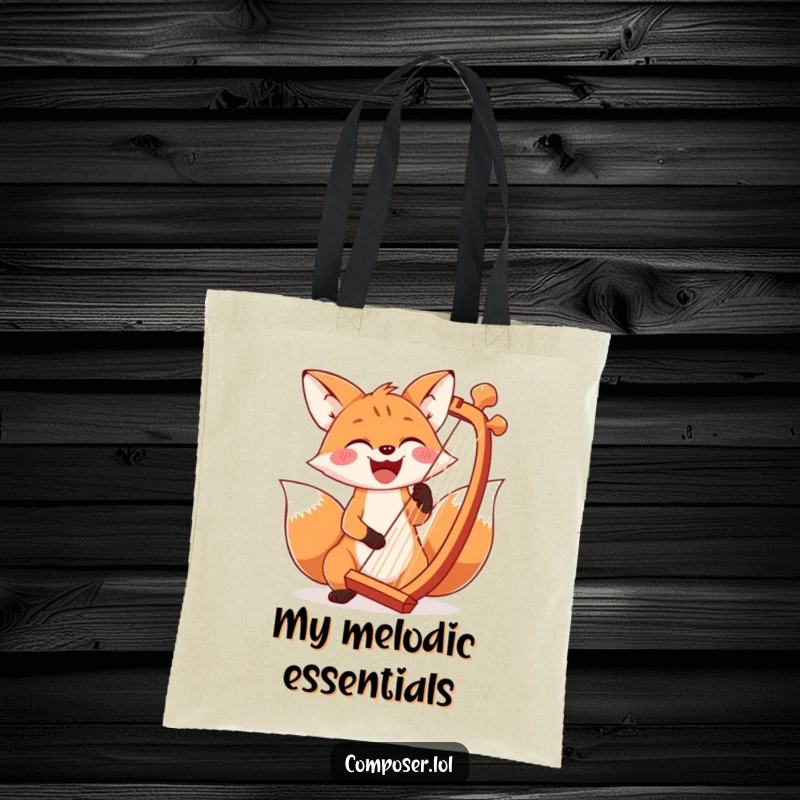 Funny joyful fox with a wide smile, striking a grand chord on an oversized harp, durable tote bag.